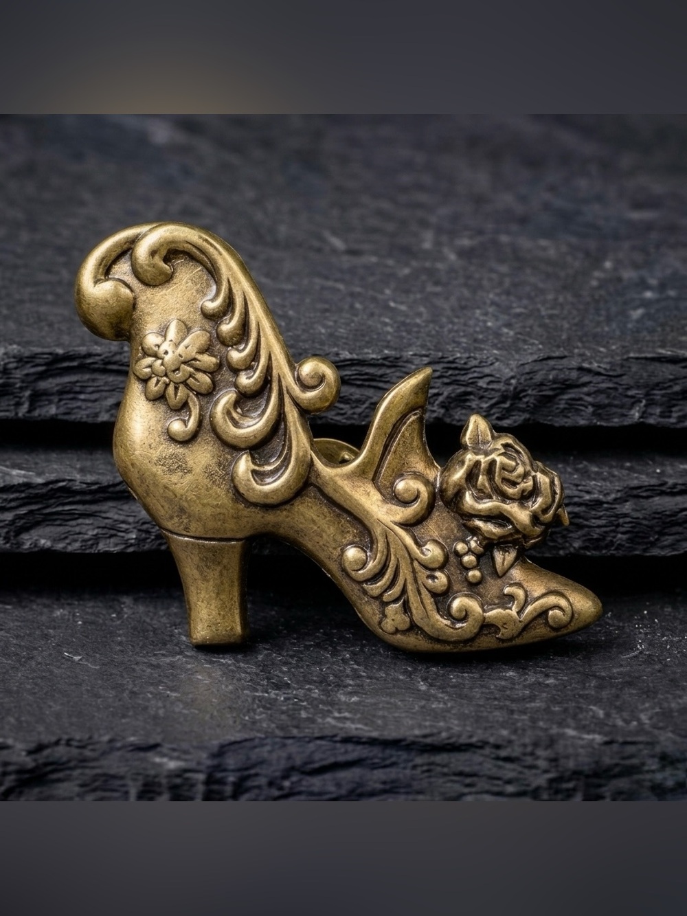 Vintage 80s Victorian Revival High Heel Shoe Floral Rose Gold Tone Pin